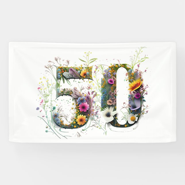 50th Birthday Decorative Wildflower Text Banner (Horizontal)