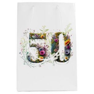50th Birthday Decorative Wildflower Text Medium Gift Bag