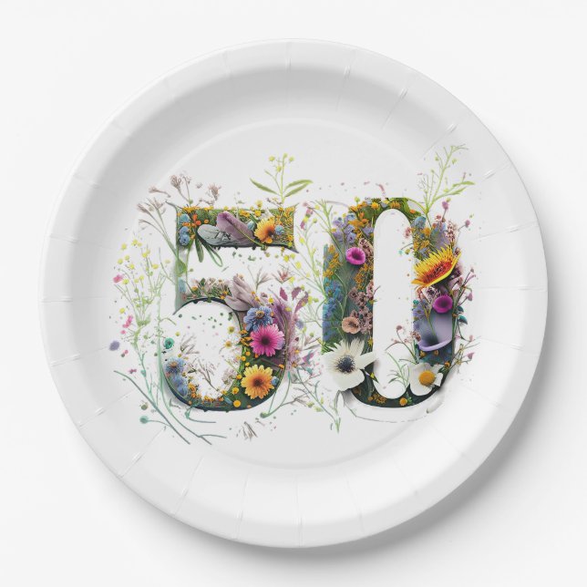 50th Birthday Decorative Wildflower Text Paper Plate (Front)