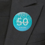 50th birthday diamonds glitter teal blue green 6 cm round badge<br><div class="desc">An elegant, glamourous and girly 50th birthday party button. Teal, blue green coloured faux glitter with faux diamond sprinkle and a golden frame. Templates for a name, age 50 and a date. Date of birth or the date of the party/anniversary. White and teal coloured letters. The name is written with...</div>