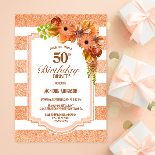 50th Birthday Dinner Apricot Striped Floral Party Invitation