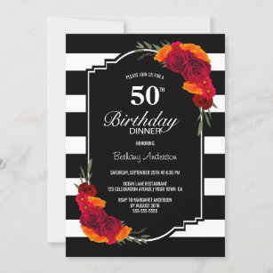 50th Birthday Dinner Black White Striped Floral Invitation