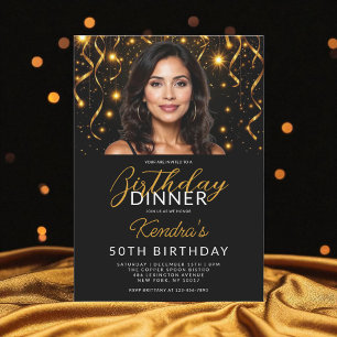 50th Birthday Dinner Gold and Black Photo Invitation