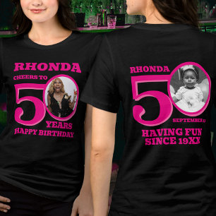 50th Birthday doubled sided photo name pink text Tri-Blend Shirt