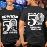 50th Birthday doubled sided photo name white text Tri-Blend Shirt<br><div class="desc">Happy 50th Birthday white text, name and two photos t-shirt. Fun double sided 50th personalised photo t-shirt in bold white text design. Personalise this birthday shirt with a photograph of the birthday person in the middle of the number 0 on both the front and the back. Great idea for adding...</div>