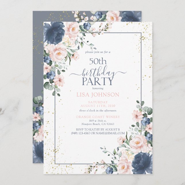 50th Birthday Dusty Blue Blush Pink Gold Floral Invitation (Front/Back)