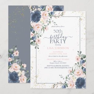 50th Birthday Dusty Blue Blush Pink Gold Floral Invitation