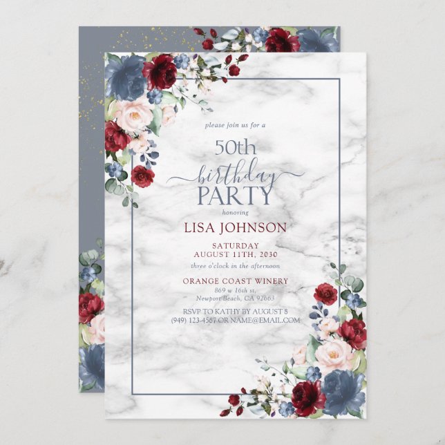50th Birthday Dusty Blue Burgundy Blush Gold Invitation (Front/Back)
