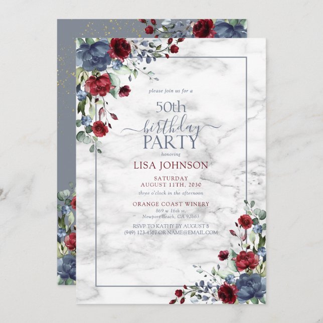 50th Birthday Dusty Blue Burgundy Gold Floral Invitation (Front/Back)