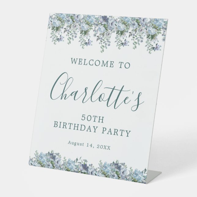 50th Birthday Dusty Blue Floral Welcome Pedestal Sign (Front)