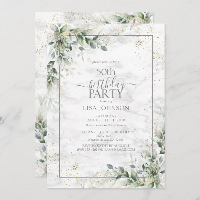 50th Birthday Dusty Eucalyptus Botanical Gold Invitation (Front/Back)