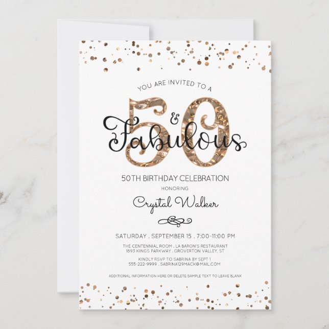 50th Birthday Elegant 50 AND FABULOUS Copper Gold Invitation (Front)