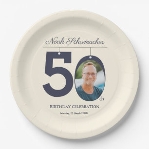 50th Birthday Elegant Beige Vintage Custom Photo Paper Plate
