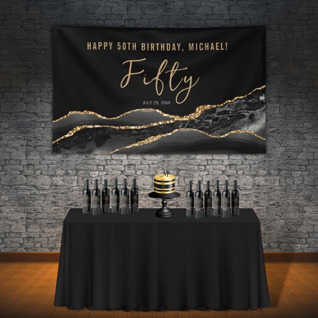 50th Birthday Elegant Black Gold Agate Banner (Creator Uploaded)
