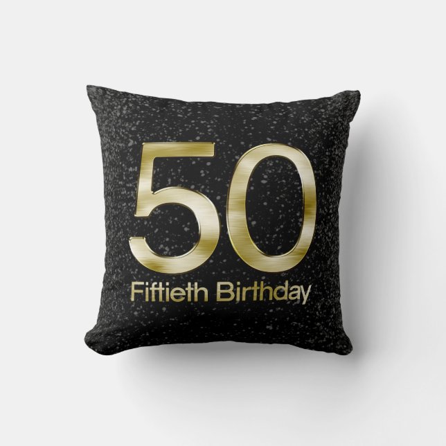 50th Birthday, Elegant Black Gold Glam Cushion (Front)