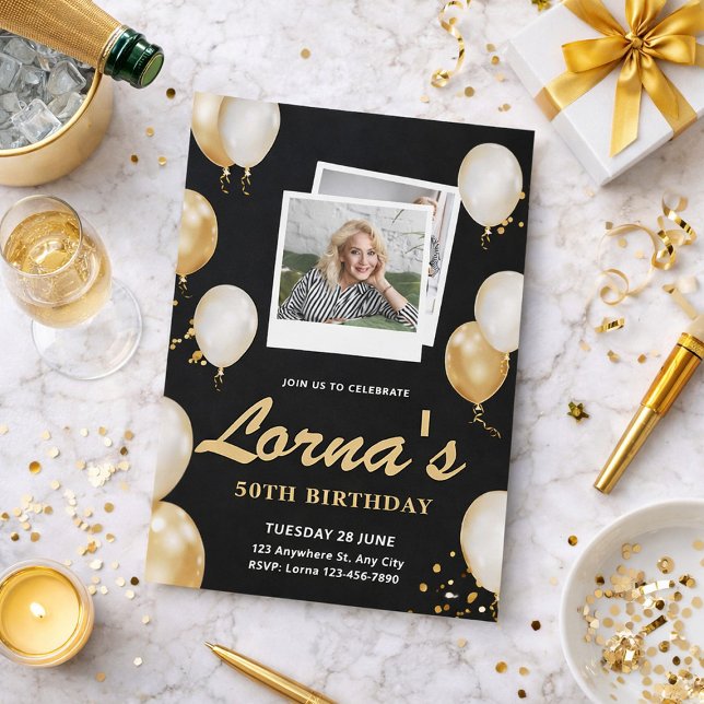 50th Birthday Elegant Black & Gold Photo Collage Invitation (50th Birthday Elegant Black & Gold Photo Collage Invitation, Birthday Brunch)