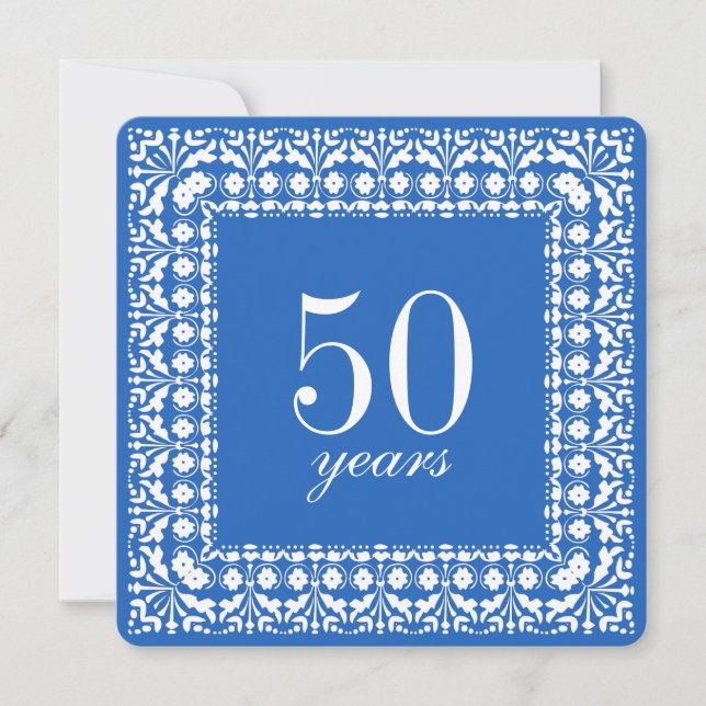 50th Birthday Elegant Blue and White Party Invites (Front)