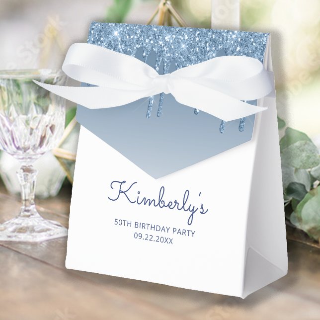 50th Birthday Elegant Blue Glitter Drip Script Favour Box (Creator Uploaded)