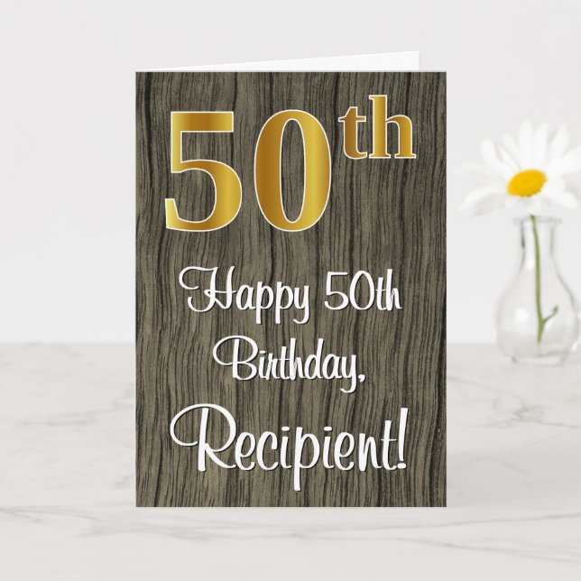 50th Birthday: Elegant Faux Gold Look #, Faux Wood Card (Small Plant)