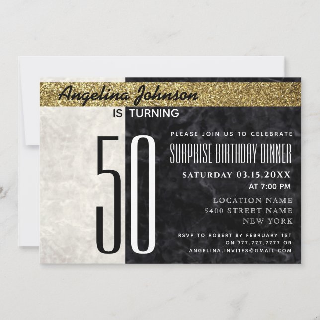 50th Birthday Elegant Gold Black and White Marble Invitation (Front)