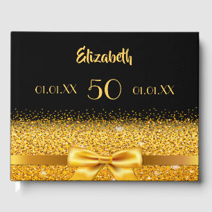 50th birthday elegant gold bow and ribbon on black guest book