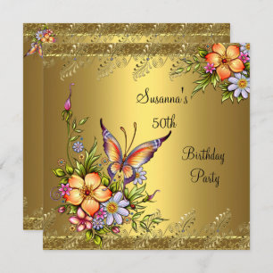 50th Birthday Elegant Gold Pink Yellow Flowers Invitation