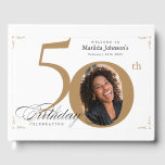 50th Birthday Elegant Gold White Calligraphy Photo Guest Book<br><div class="desc">50th Birthday Elegant Gold White Calligraphy Photo Guest Book. And elegantly designed special birthday celebration,  featuring a custom photo of birthday person and script calligraphy with vintage flourish elements. Simple enough to fit a variety of themes and colours!
Need help? Simply contact me!</div>