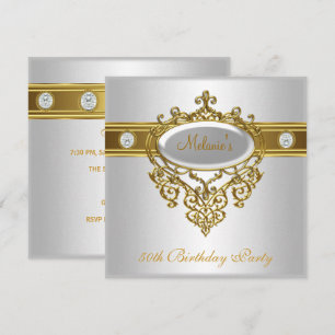 50th Birthday Elegant Lace White Gold Diamond 3 Invitation
