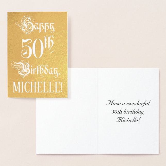 50th Birthday: Elegant, Ornate Script; Custom Name Foil Card (Display)