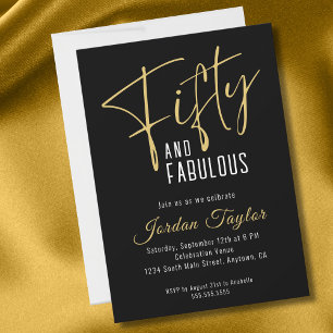 50th Birthday Elegant Script Black & Gold Minimal Invitation