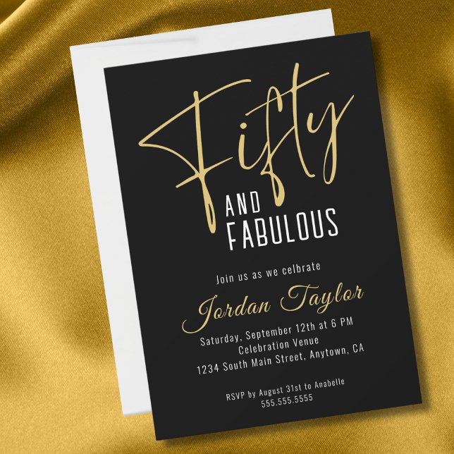50th Birthday Elegant Script Black & Gold Minimal Invitation (Creator Uploaded)