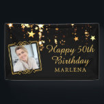 50th Birthday Elegant Script Gold Stars Photo Banner<br><div class="desc">Celebrate a 50th birthday (or any age birthday since the text is editable) with this black and gold theme banner sign with falling gold stars, personalised with their photo and name and a sample title you can change that says HAPPY 50TH BIRTHDAY NAME. PHOTO TIP: For fastest/best results, choose a...</div>