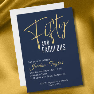 50th Birthday Elegant Script Navy and Gold  Invitation