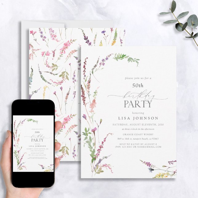 50th Birthday Elegant Wildflower Floral Watercolor Invitation (Creator Uploaded)