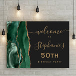 50th Birthday Emerald Green Gold Agate Welcome Poster<br><div class="desc">Welcome guests to a special milestone birthday celebration with this elegant sign,  featuring an emerald green watercolor agate border trimmed with gold faux glitter. The editable text highlights the guest of honour's name and birthday in gold-coloured whimsical handwriting script and copperplate fonts on a slate black background.</div>