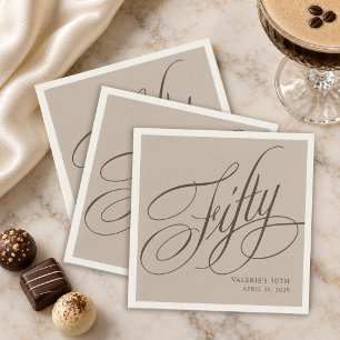 50th Birthday Espresso Calligraphy on Taupe Napkin