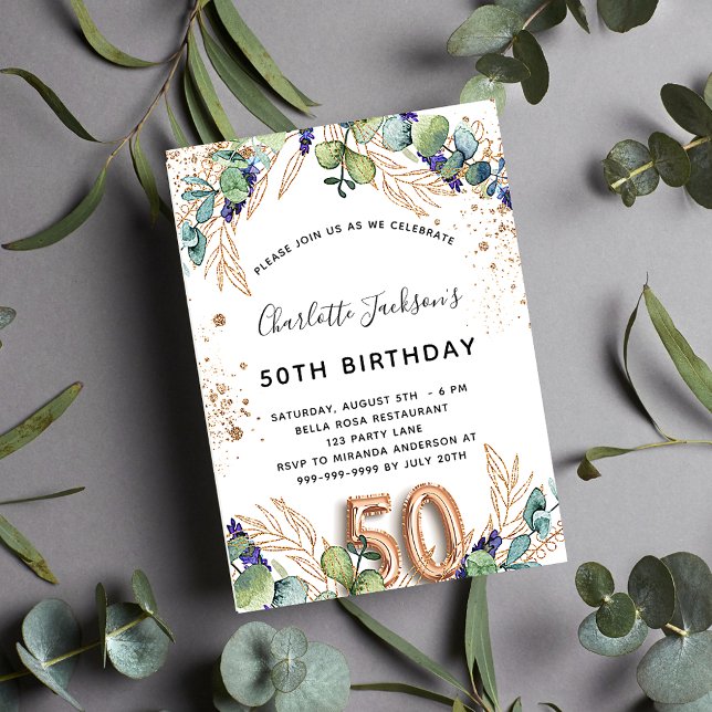 50th birthday eucalyptus greenery glitter elegant invitation postcard (Creator Uploaded)