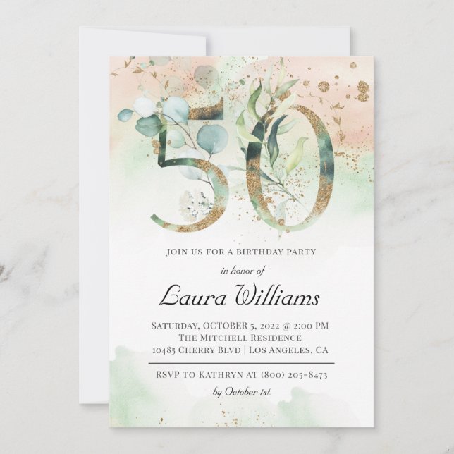 50th Birthday Eucalyptus Greenery Invitation (Front)