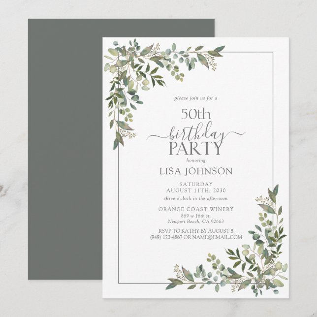 50th Birthday Eucalyptus Sage Green Botanical Invitation (Front/Back)