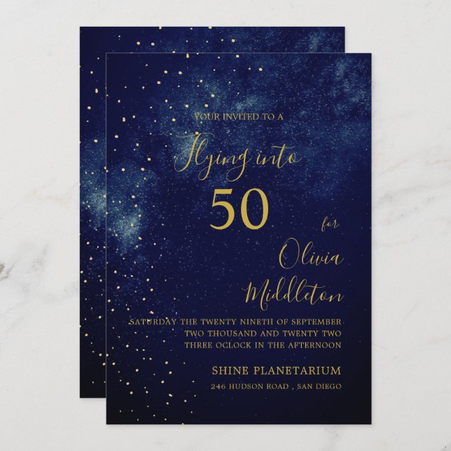 50th Birthday Evening Sky Astral Gold Stars Blue   Invitation (Front/Back)