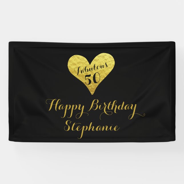 50th Birthday Fabulous 50 Black | Faux Gold Heart Banner (Horizontal)