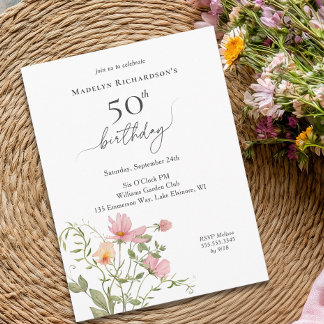 50th Birthday Feminine Watercolor Wildflower Invitation Postcard