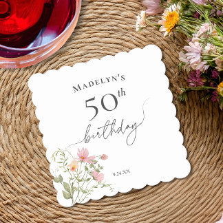 50th Birthday Feminine Watercolor Wildflower Paper Coaster