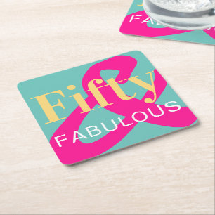 50th Birthday Fifty and Fabulous Bold Bright Party Square Paper Coaster