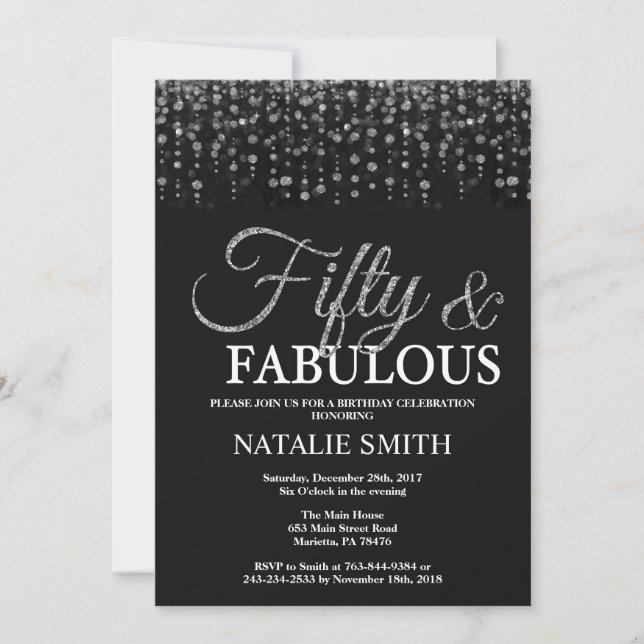 50th Birthday Fifty and Fabulous Silver Glitter Invitation (Front)