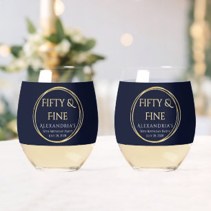 50th Birthday Fifty and Fine Navy Gold Set of 2 Stemless Wine Glass