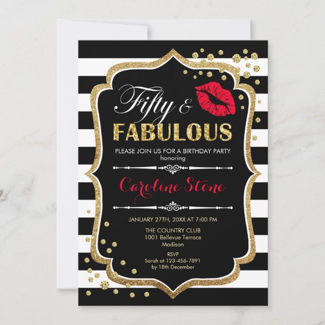 50th Birthday - Fifty Fabulous Black Red Gold Invitation (Front)