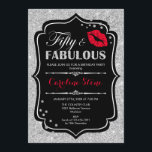 50th Birthday - Fifty Fabulous Black Red Silver Invitation<br><div class="desc">50th Birthday Invitation.
Elegant black white design with faux glitter silver. Features red lips kiss,  confetti and script font. Perfect for an elegant birthday party. Fifty Fabulous! Message me if you need further customisation.</div>