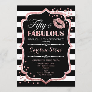 50th Birthday - Fifty Fabulous Black Rose Gold Invitation
