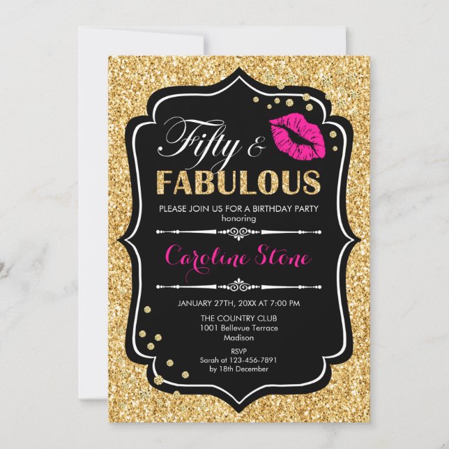 50th Birthday - Fifty Fabulous Gold Black Pink Invitation (Front)